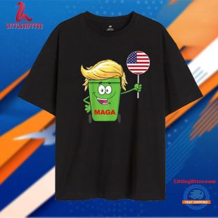 Official Trump MAGA Cartoon Garbage Can American Flag T Shirt