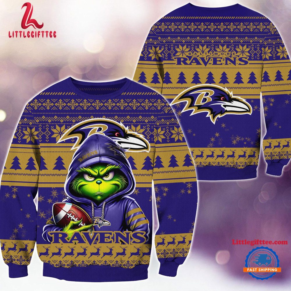 Baltimore Ravens 2024 NFL Football Christmas x Grinch Ugly Christmas Sweater