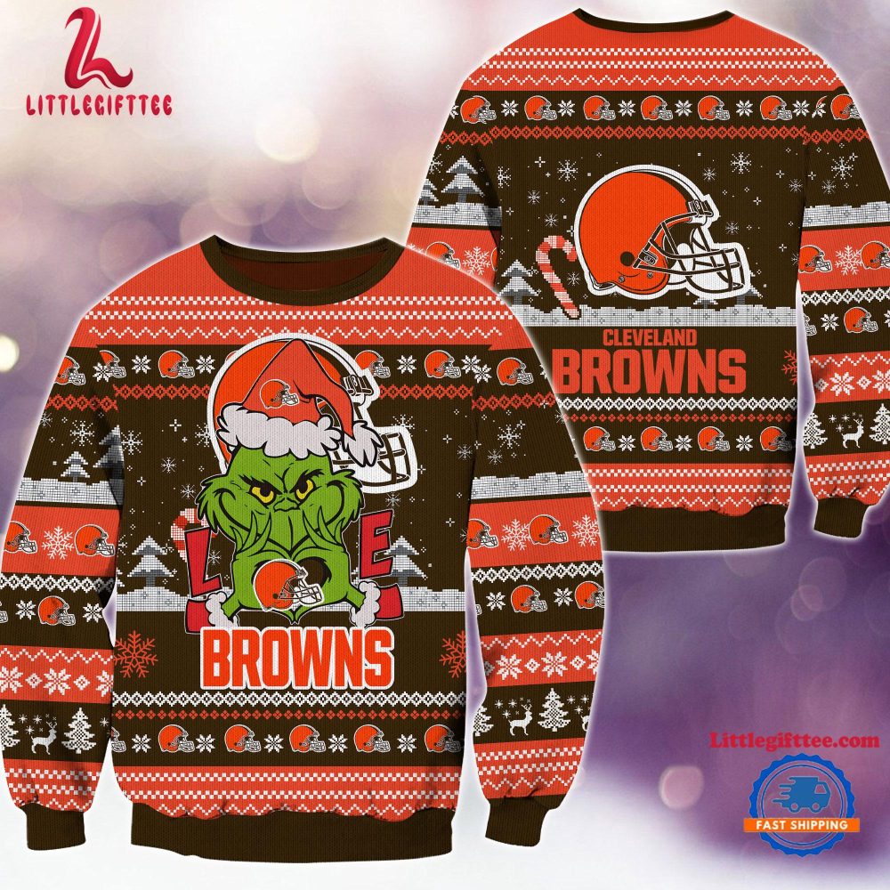 Cleveland Browns NFL 2024 Grinch Lover Santa Hats Ugly Christmas Sweater