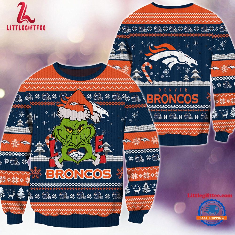 Denver Broncos NFL 2024 Grinch Lover Santa Hats Ugly Christmas Sweater