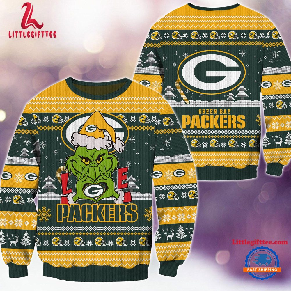 Green Bay Packers NFL 2024 Grinch Lover Santa Hats Ugly Christmas Sweater