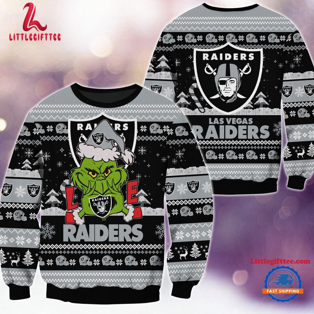 Las Vegas Raiders NFL 2024 Grinch Lover Santa Hats Ugly Christmas Sweater