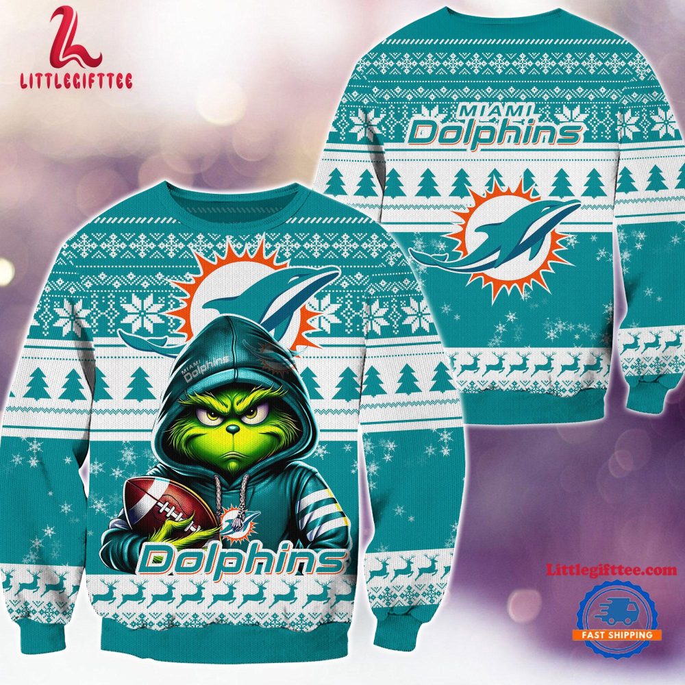 Miami Dolphins 2024 NFL Football Christmas x Grinch Ugly Christmas Sweater