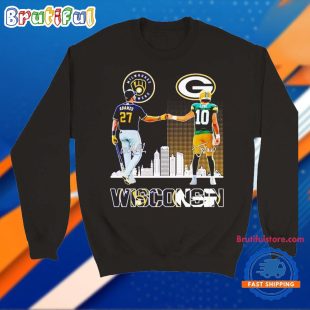 Milwaukee Brewers Adames and Green Bay Packers Love Wisconsin City Skyline T Shirt