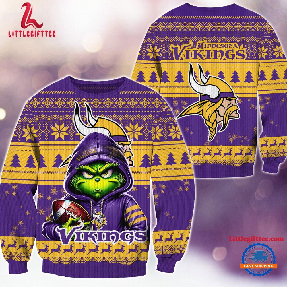 Minnesota Vikings 2024 NFL Football Christmas x Grinch Ugly Christmas Sweater