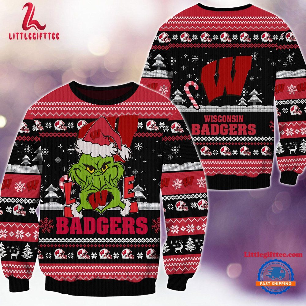 NCAA Wisconsin Badgers Grinch Lover Santa Hats Ugly Christmas Sweater