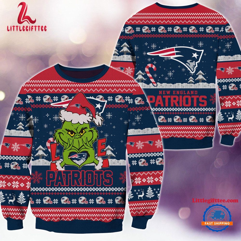 New England Patriots NFL 2024 Grinch Lover Santa Hats Ugly Christmas Sweater