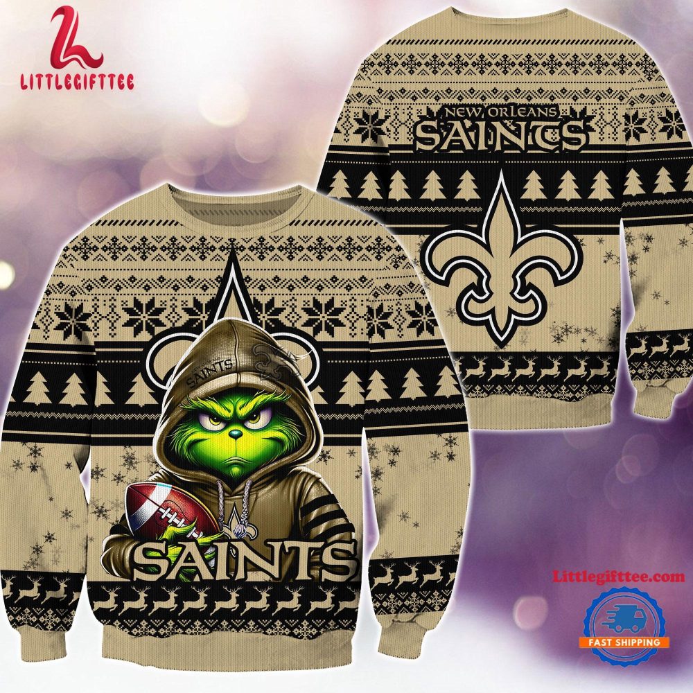 New Orleans Saints 2024 NFL Football Christmas x Grinch Ugly Christmas Sweater