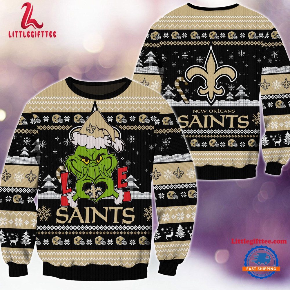 New Orleans Saints NFL 2024 Grinch Lover Santa Hats Ugly Christmas Sweater