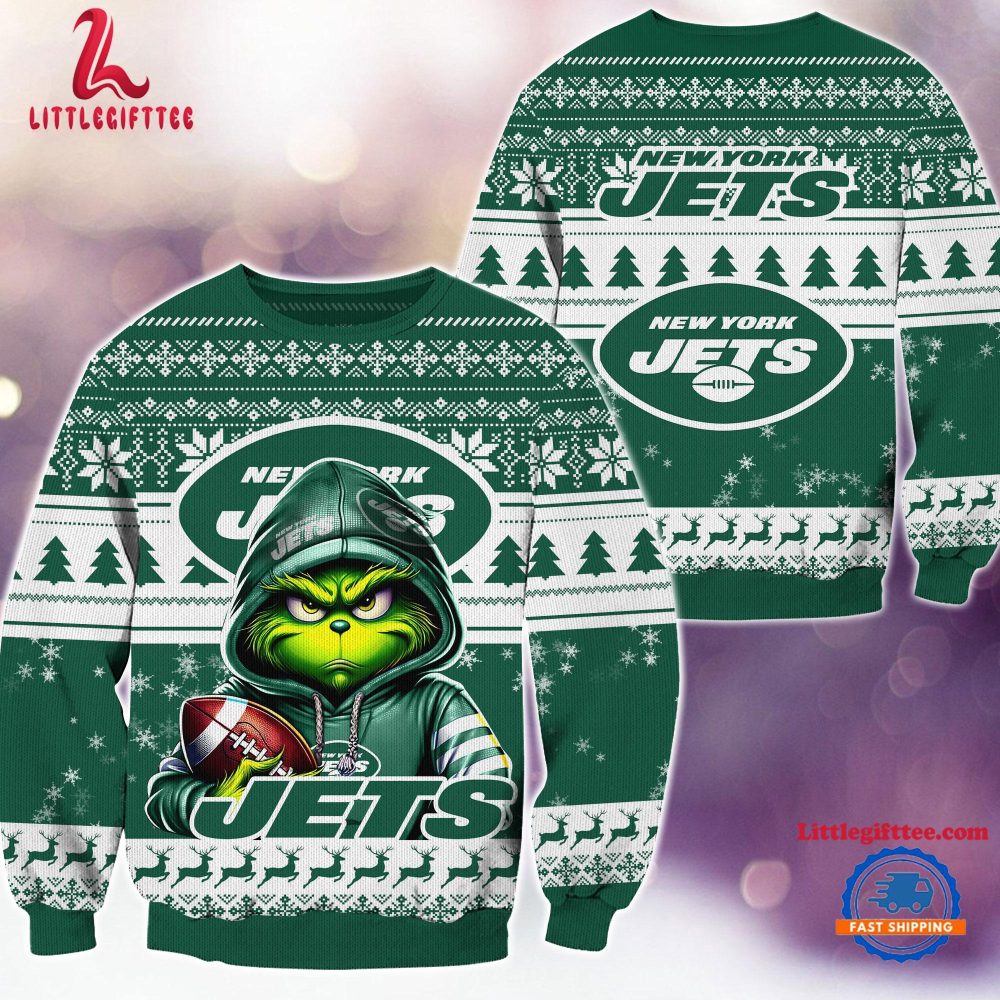 New York Jets 2024 NFL Football Christmas x Grinch Ugly Christmas Sweater