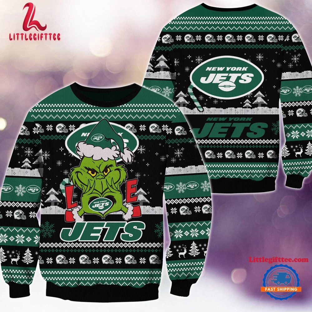 New York Jets NFL 2024 Grinch Lover Santa Hats Ugly Christmas Sweater