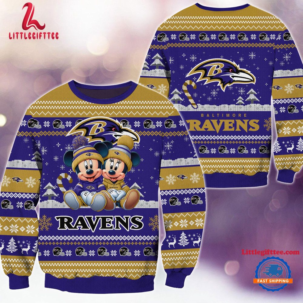 NFL Baltimore Ravens x Mickey Minnie Ugly Christmas Sweater, Football Mickey Xmas Sweater