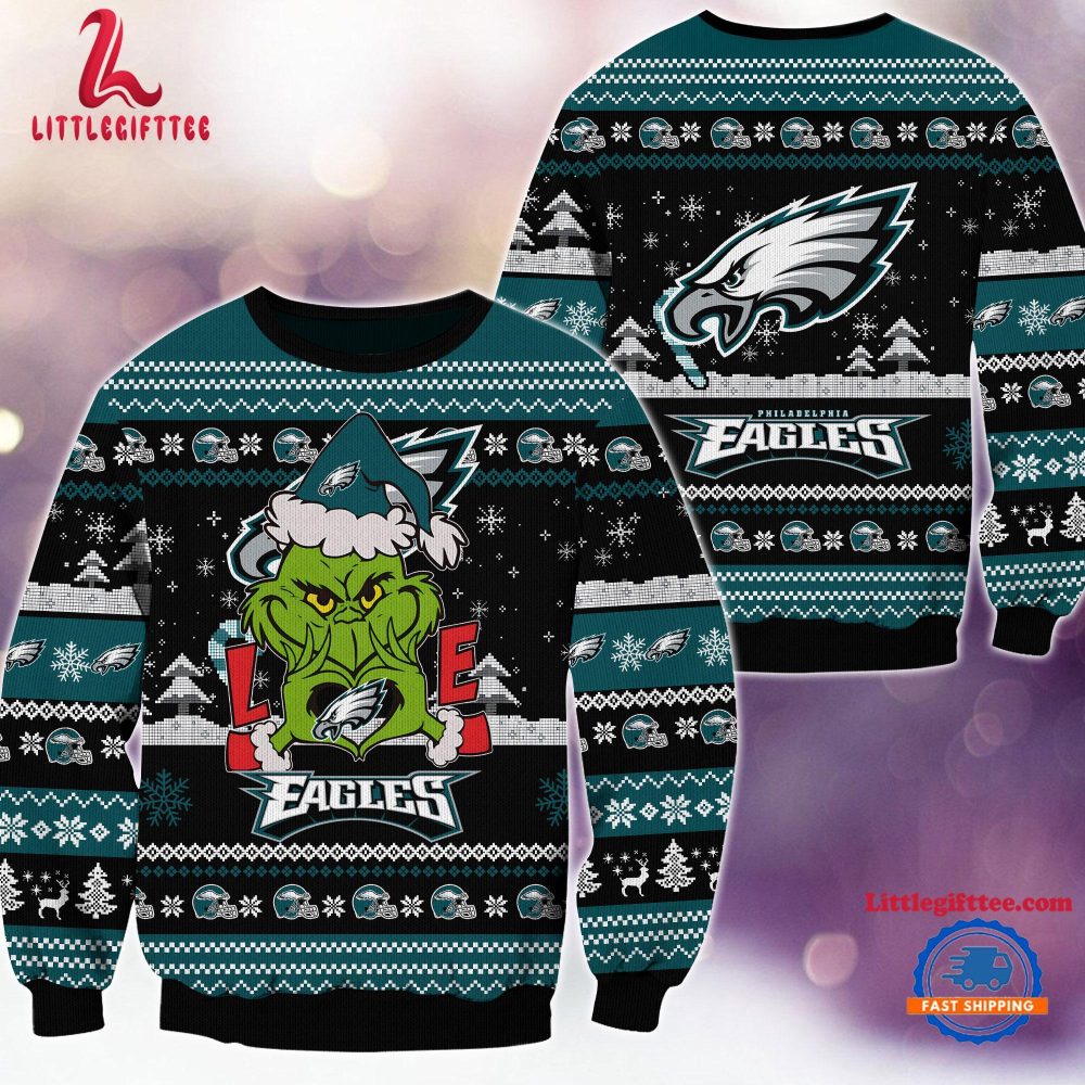 Philadelphia Eagles NFL 2024 Grinch Lover Santa Hats Ugly Christmas Sweater